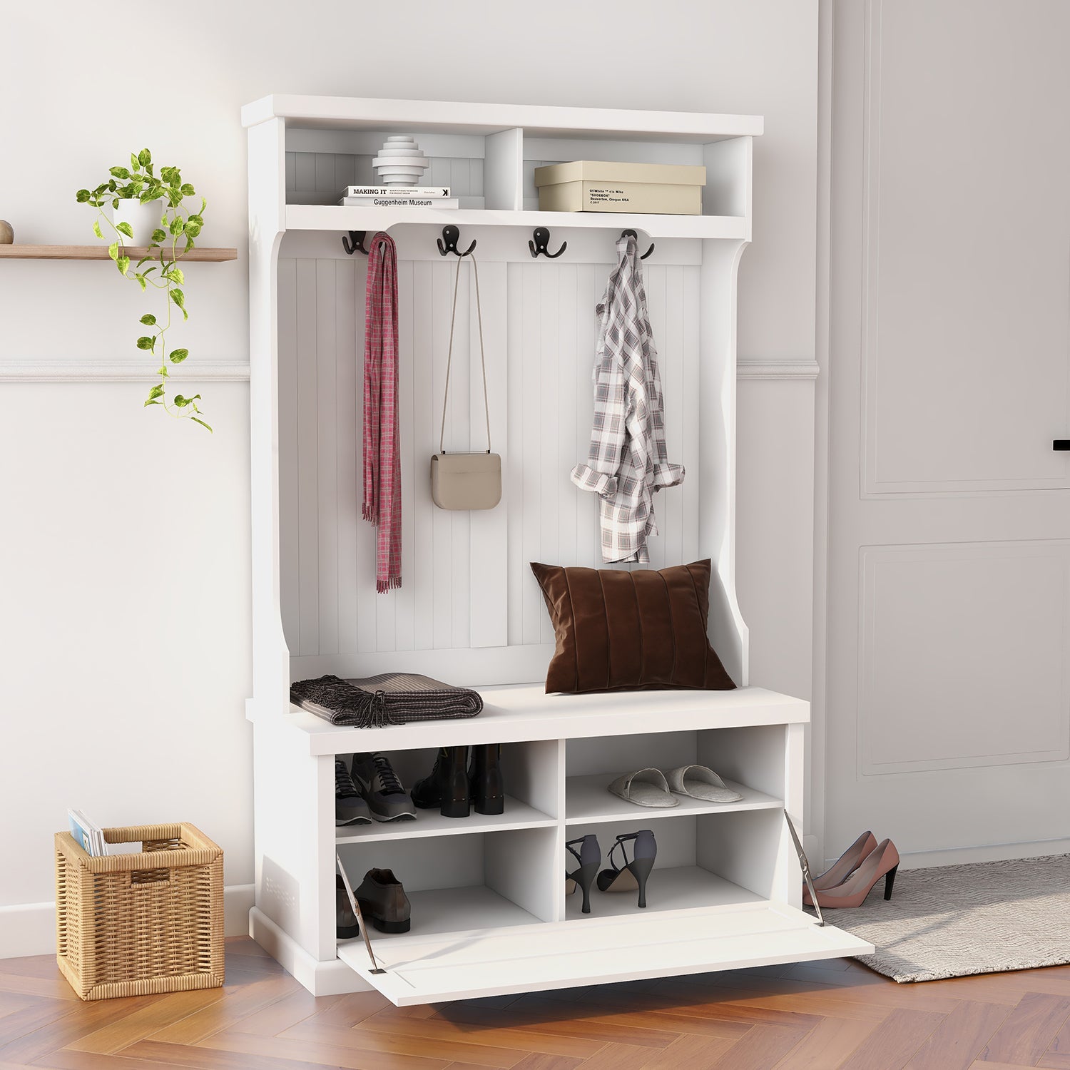 Entryway hall tree with coat rack 4 hooks and storage bench shoe cabinet white