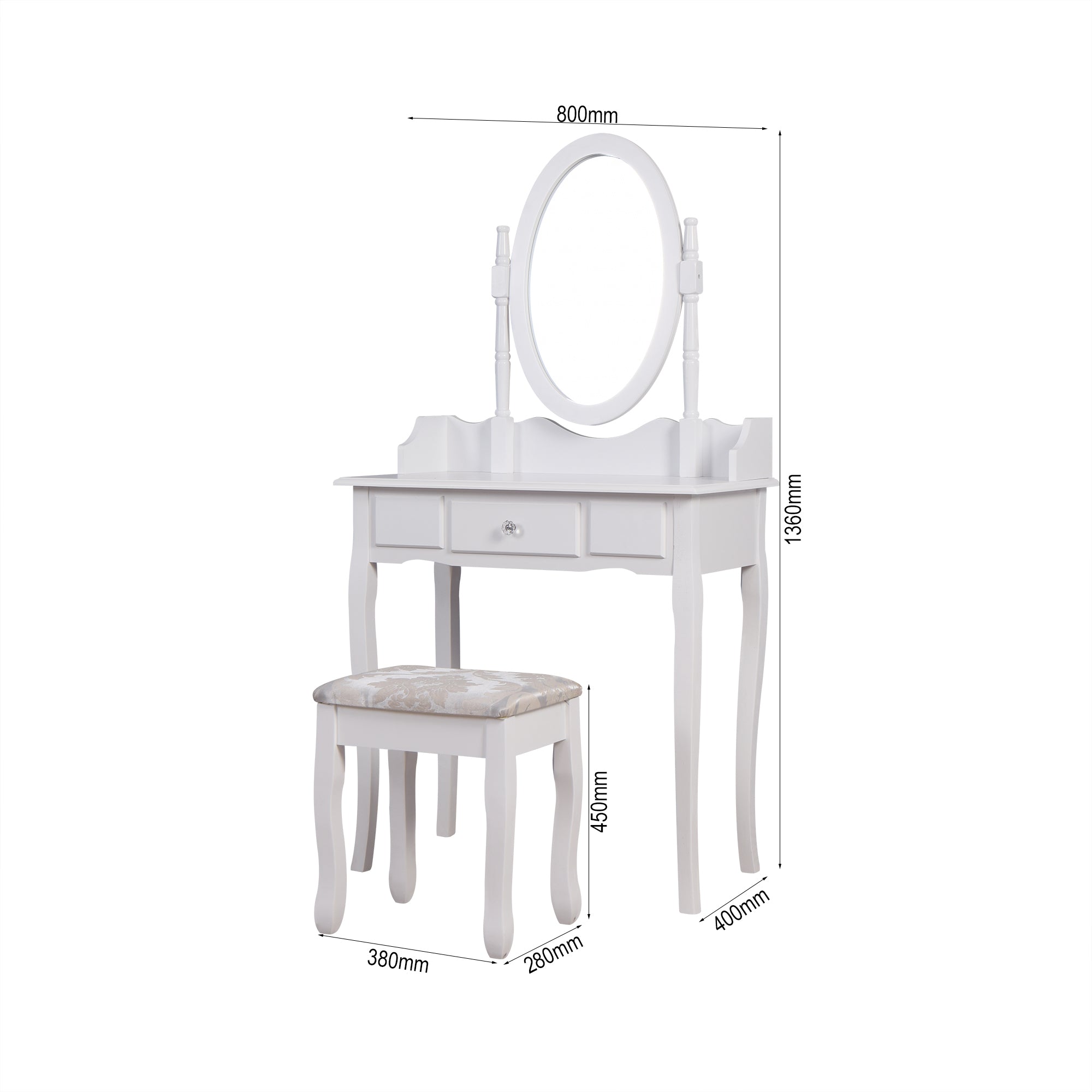Vanity Table Set with Rotatable Oval Mirror and Cushioned Stool