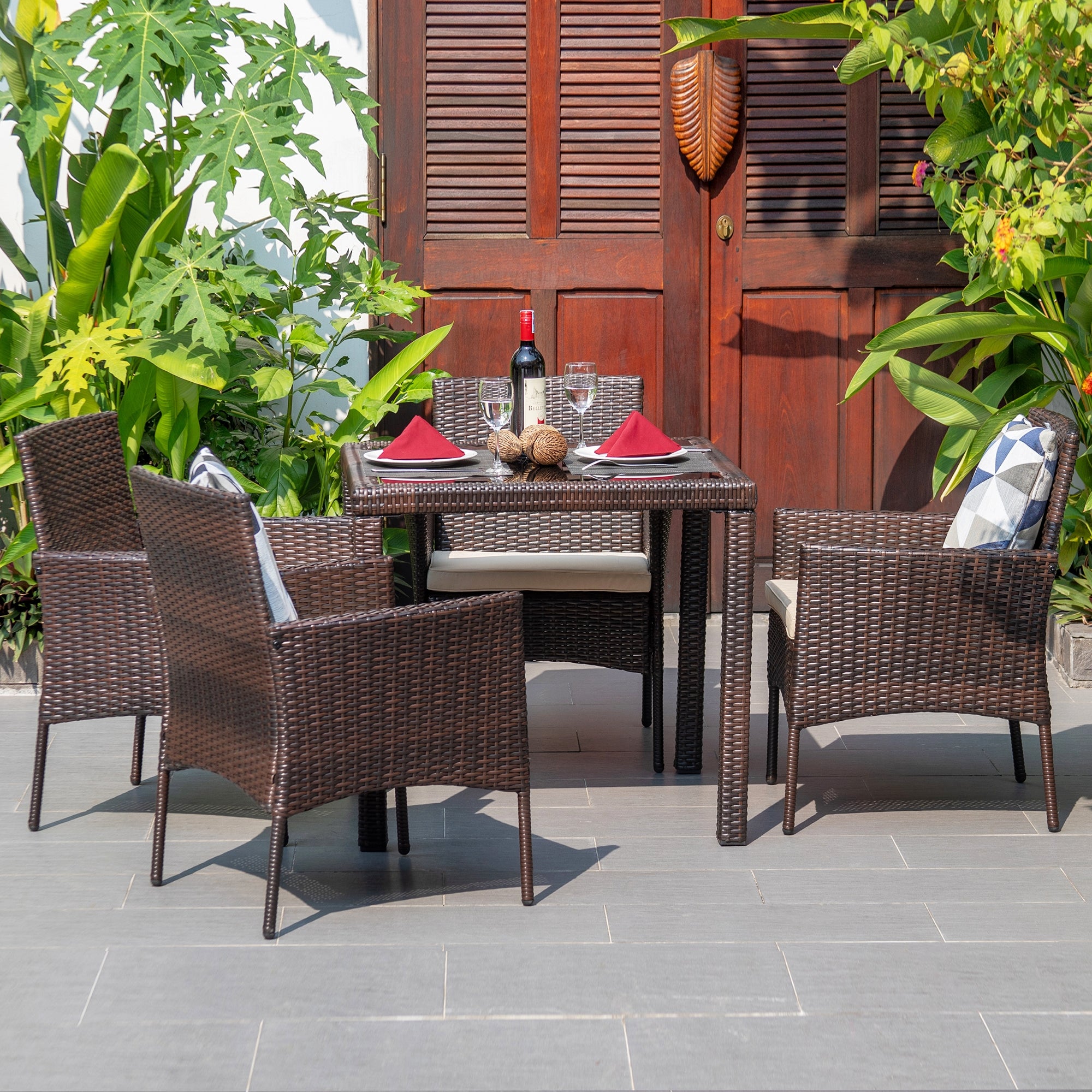 Wicker Outdoor Chairs and Glass Table for Balcony, PE Rattan Dining Table Set