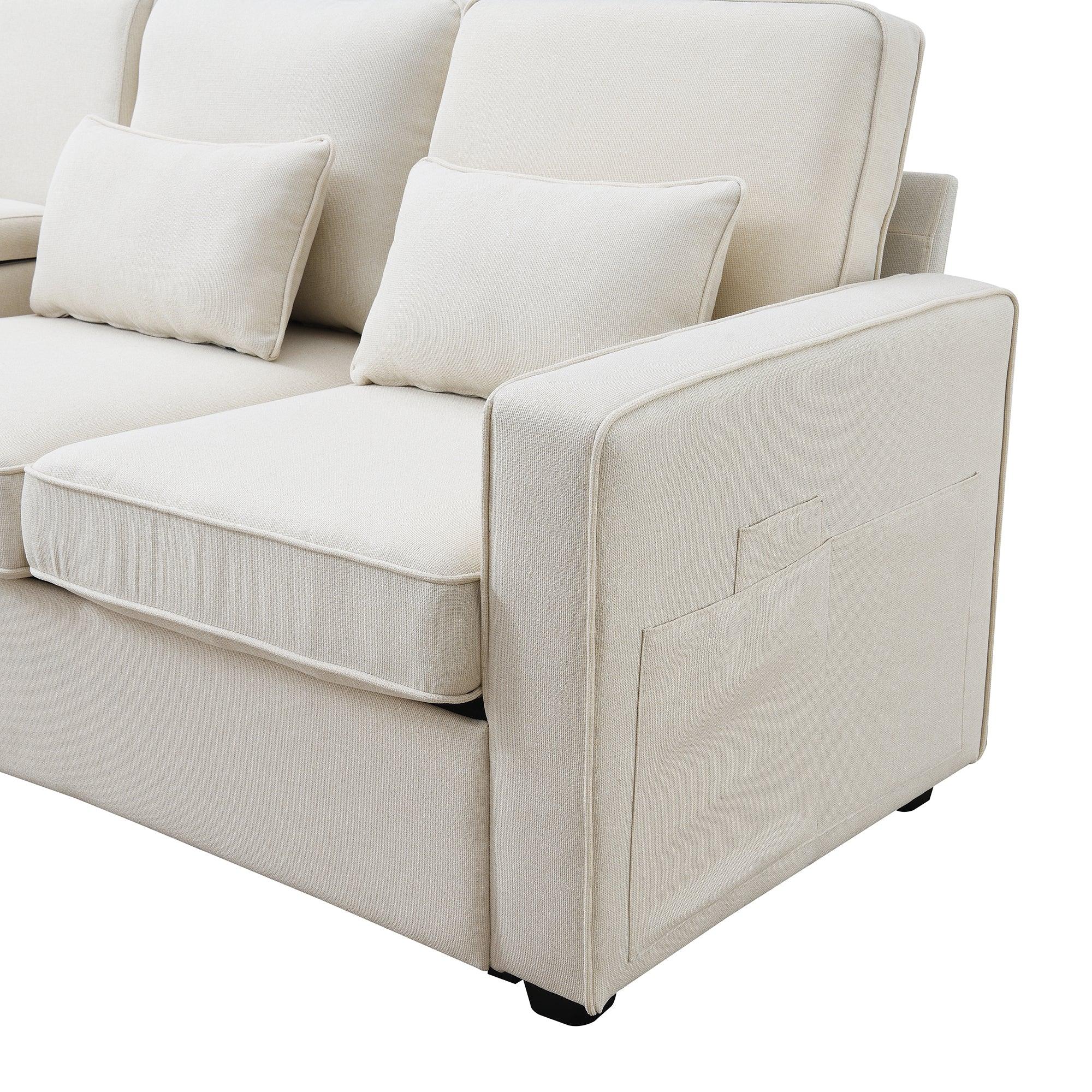 Modern Linen Fabric Sofa with Armrest Pockets and 4 Pillows