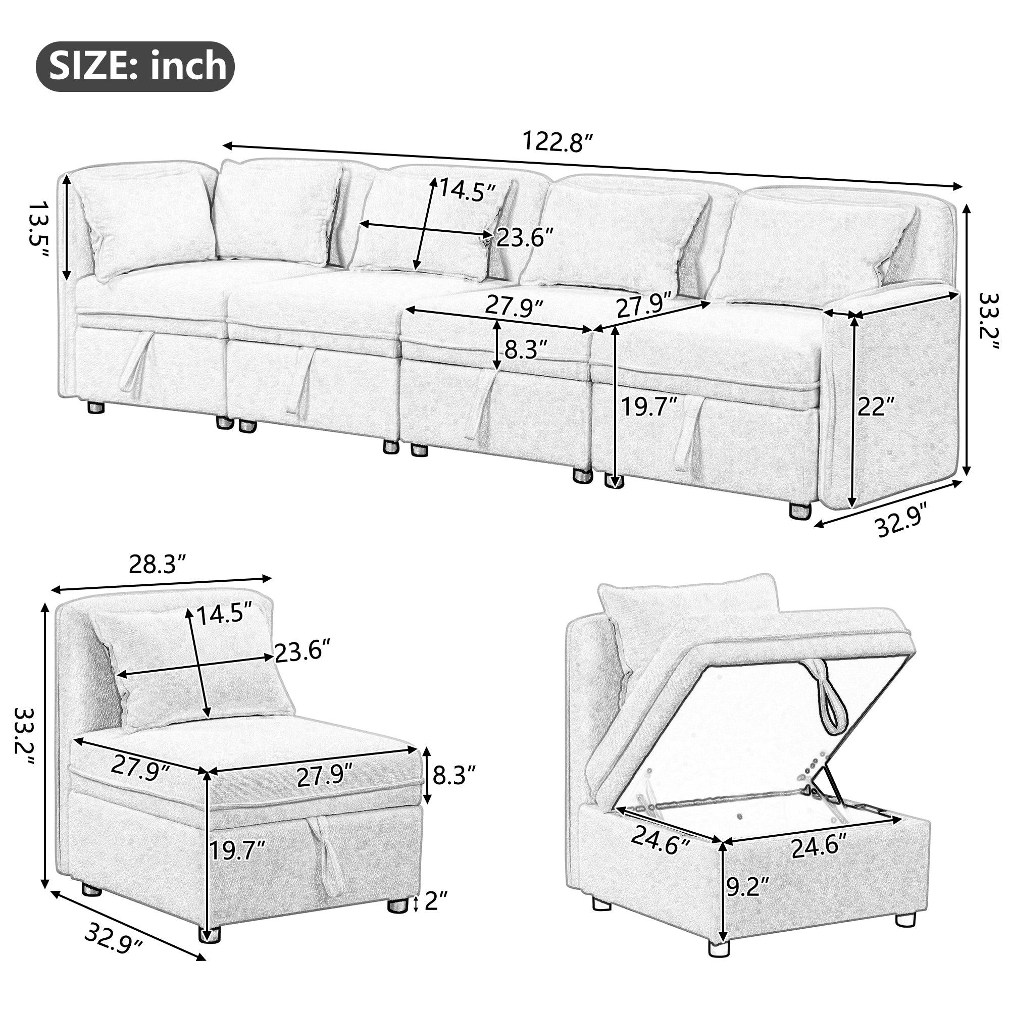 Convertible Modular Free Combination 4 Seater Chenille Fabric Sectional sofa with 5 Pillows