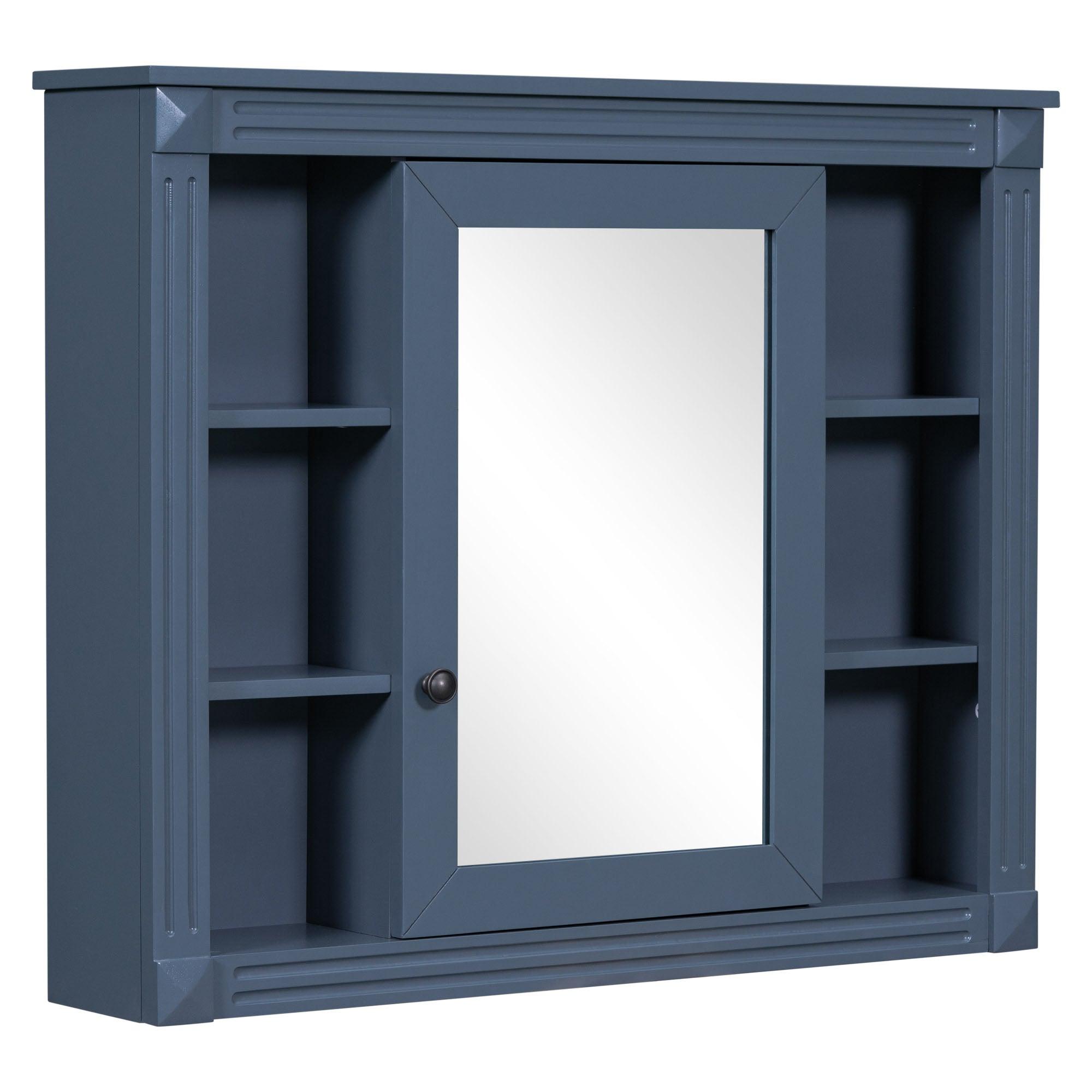 Royal Blue Wall Mounted Bathroom Wall Cabinet with Mirror 6 Open Shelves