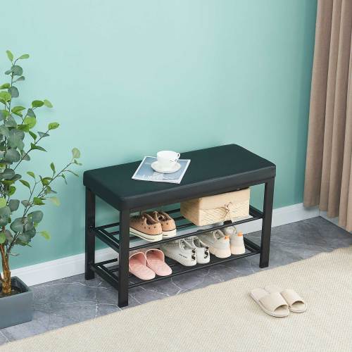 Shoe Bench, 3-Tier Shoe Rack for Entryway, Storage Organizer with Foam Padded Seat, Faux Leather, Metal Frame, for Living Room, Hallway, 31.5 x 11.8 x 19.7 Inches