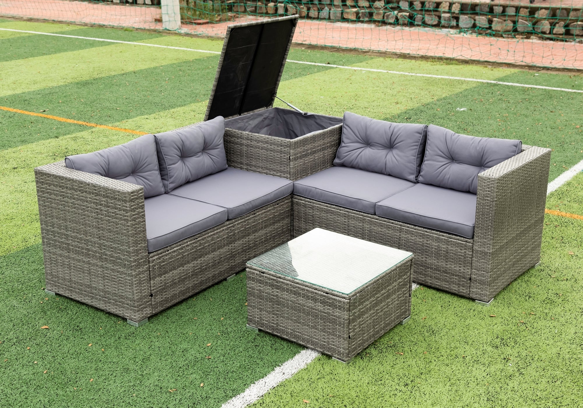 RaDEWAY 4 Piece Patio Sectional Wicker Rattan Outdoor Furniture Sofa Set with Storage Box Grey