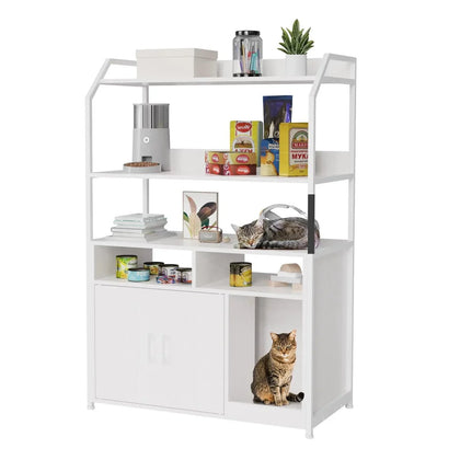 Large Wooden Structure Hidden Cat Litter Box with Shelf Cat Washroom Storage with Scratch - RaDEWAY